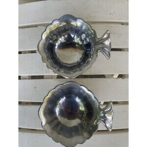 Mid Century Aluminum Shell Sea Fish Small Serving Bowls Trinket Trays Pair 5x3